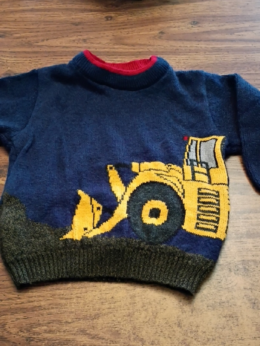 🚜 2T Kids Navy Sweater with Yellow Construction Truck Vintage